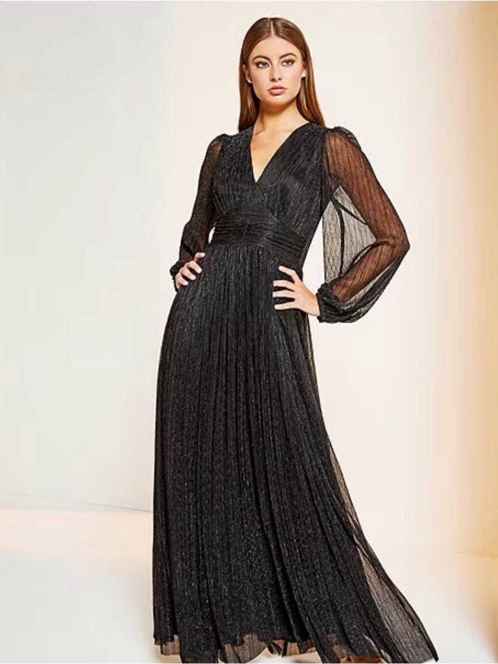 Alex Marie Crinkle Metallic Black A-Line Gown | Sheer Long Sleeve Formal Dress
